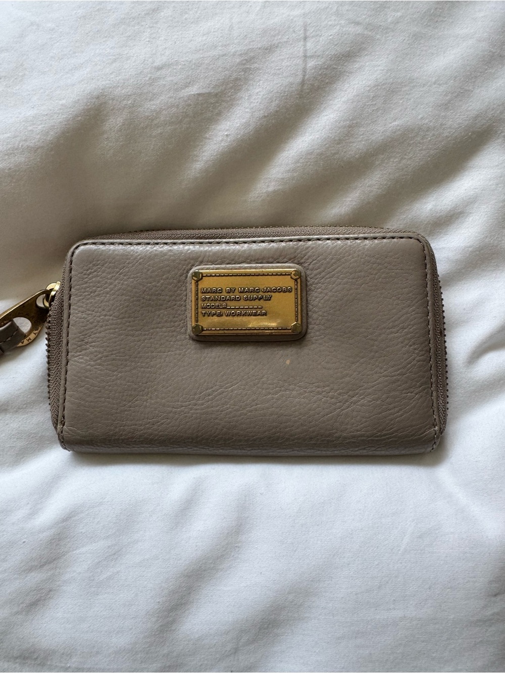 Marc by Marc Jacobs Taupe Leather Zip-Around Wallet with Gold Plaque